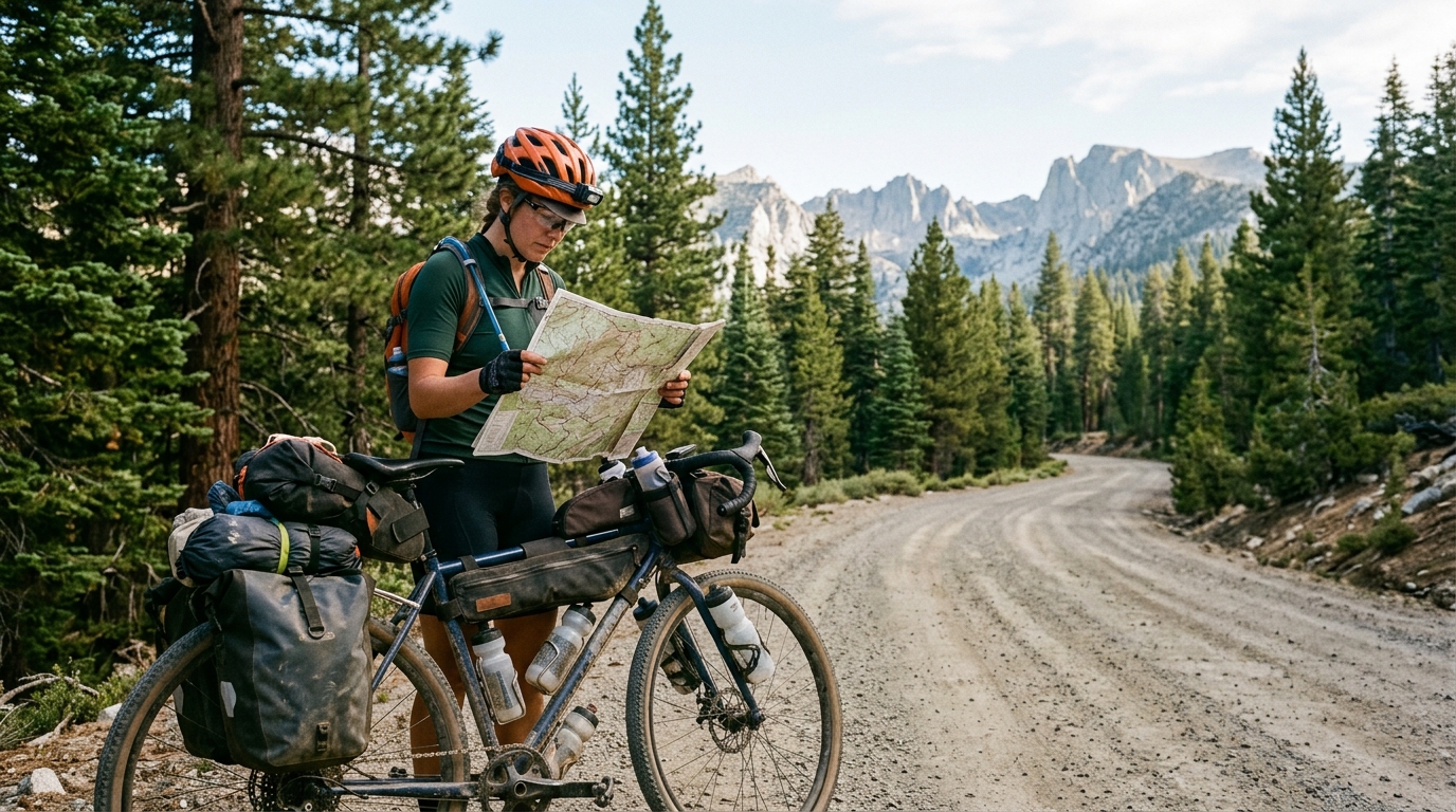 Bikepacker reviewing a map on a Lost Sierra forest route
