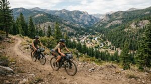 Bikepacking cyclists overlooking a Lost Sierra mountain community