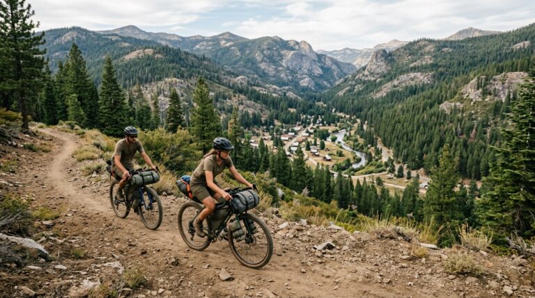 Bikepacking cyclists overlooking a Lost Sierra mountain community