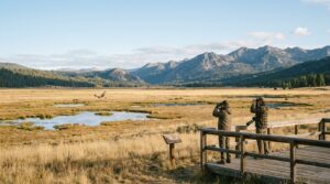 Birders watching raptors over Sierra Valley wetlands in fall
