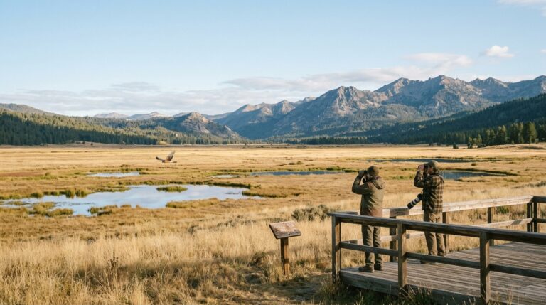 Birders watching raptors over Sierra Valley wetlands in fall