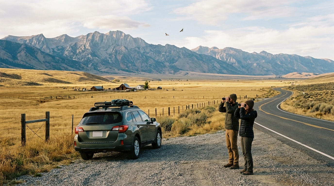 Birdwatchers using a safe roadside pullout in Sierra Valley