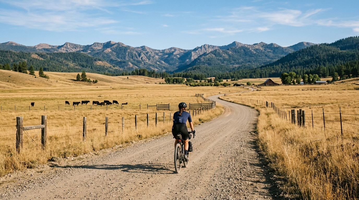 Cyclist traveling on a gravel road through Sierra Valley