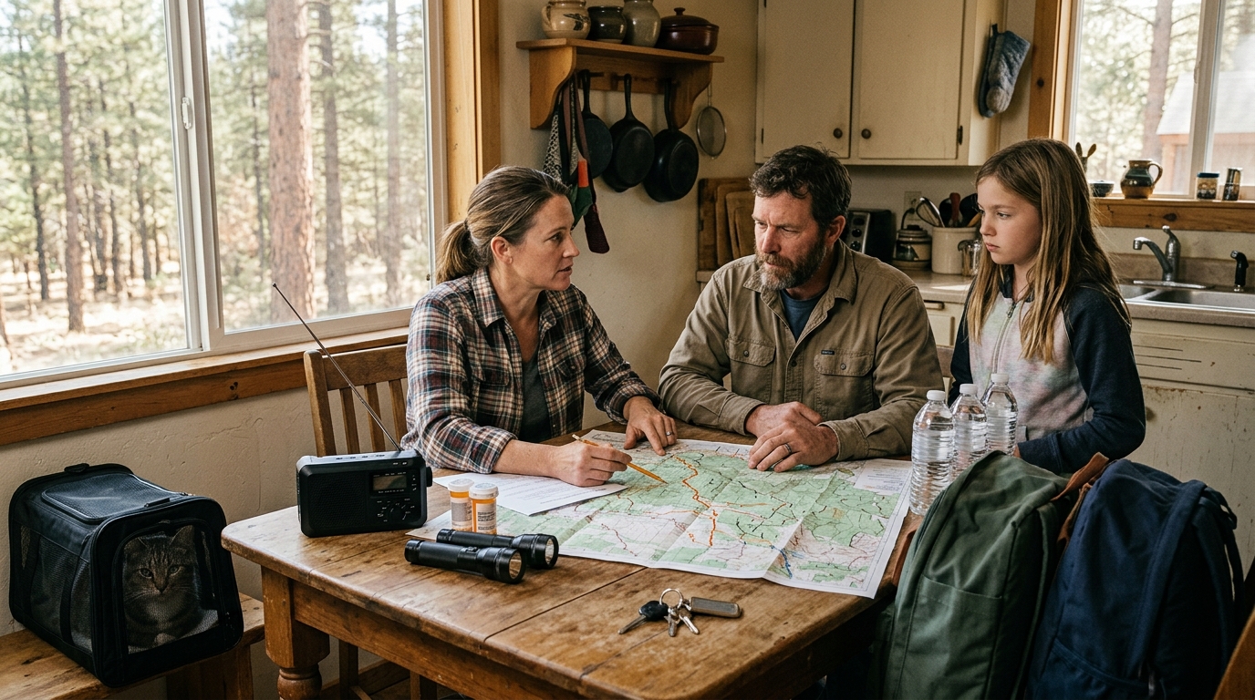 Family reviewing a wildfire evacuation plan and emergency supplies