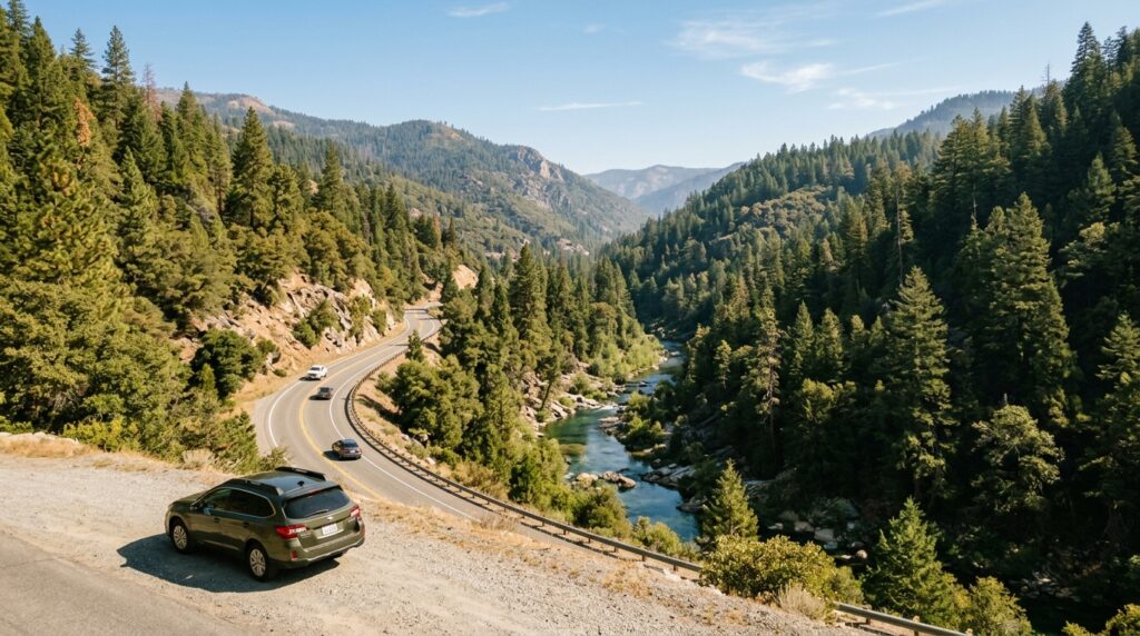 Highway 49 following the North Yuba River through Sierra County