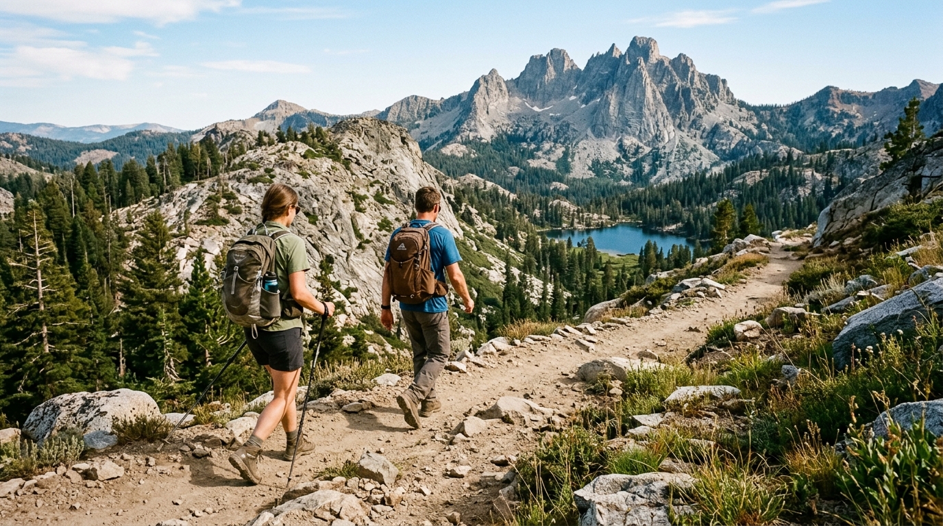 Hikers on a high-country trail near Sierra Buttes