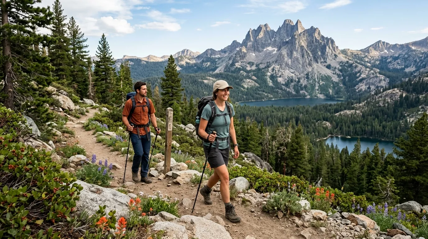 Hikers on a high-country trail near Sierra Buttes