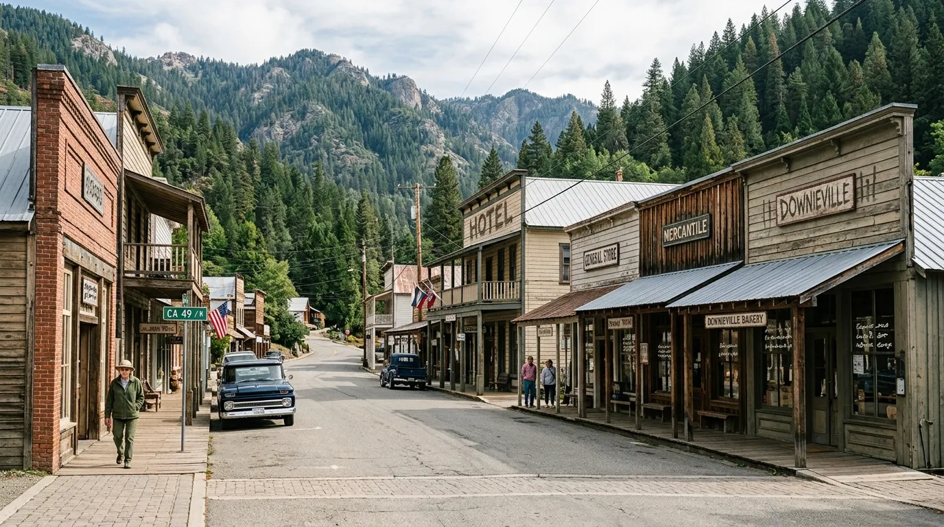 Independent shops along a Sierra County mountain-town street