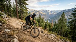 Mountain biker descending a forest trail near Downieville