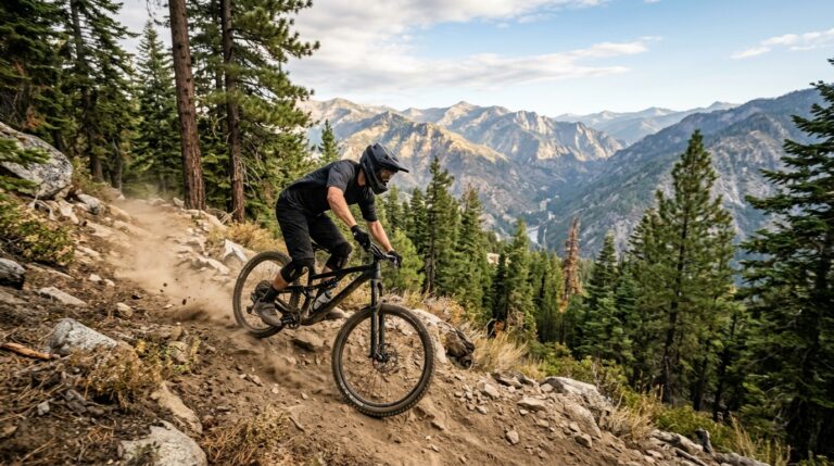 Mountain biker descending a forest trail near Downieville