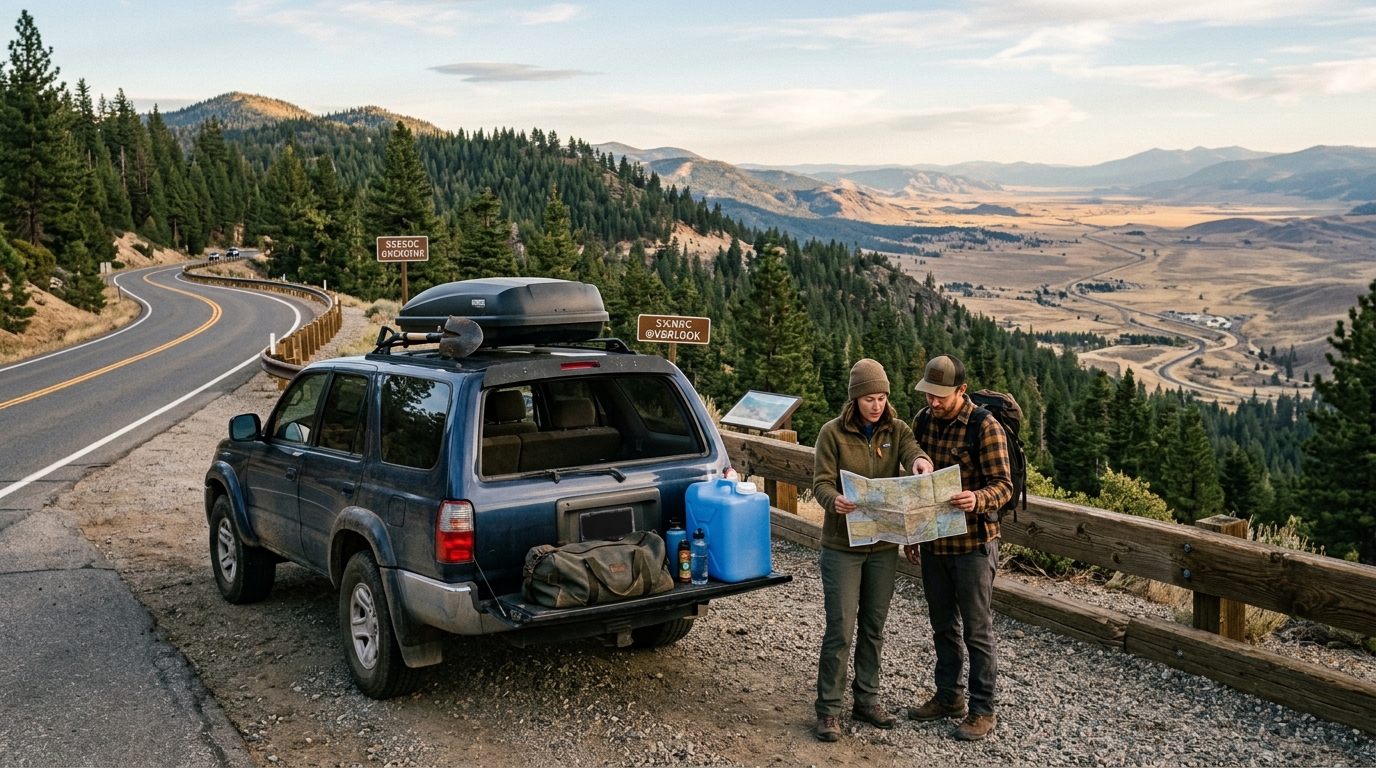 Travelers reviewing a route map at a Yuba Pass pullout