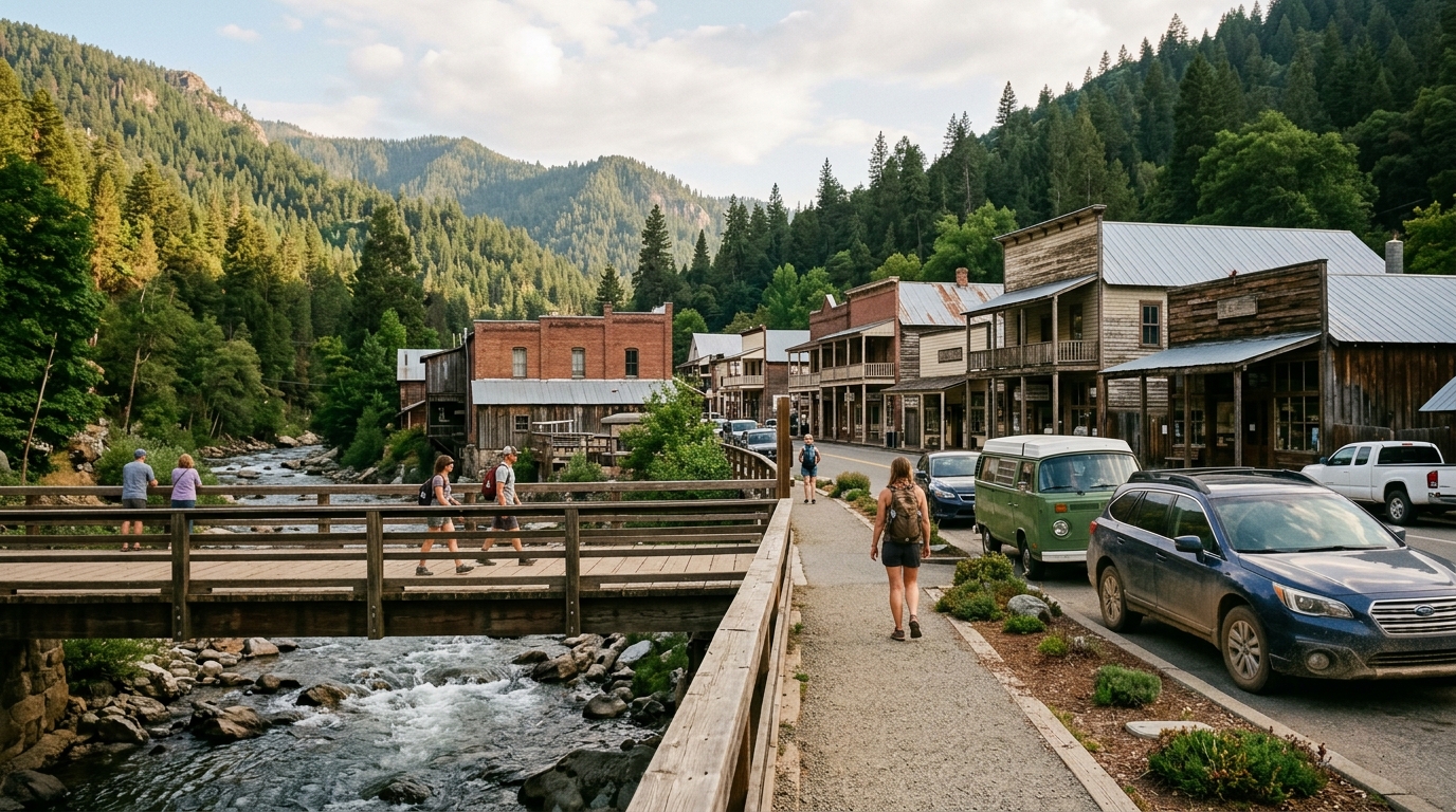Travelers stopping in historic Downieville along Highway 49