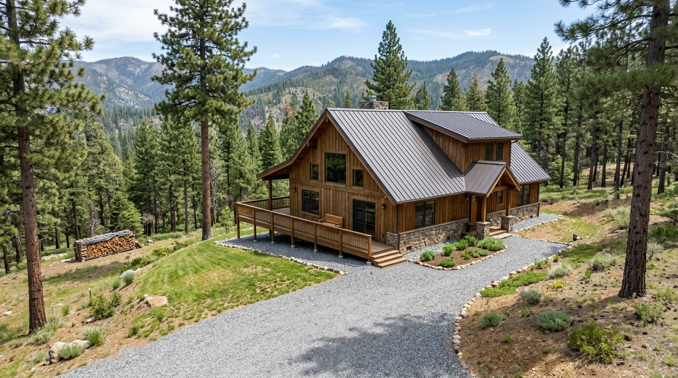 Wildfire-prepared mountain home with defensible space