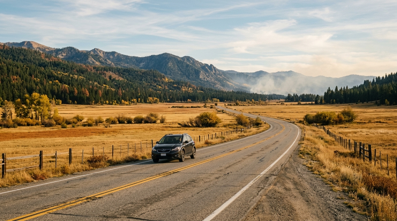 Fall drive on Highway 89 in Sierra County with distant prescribed-fire smoke